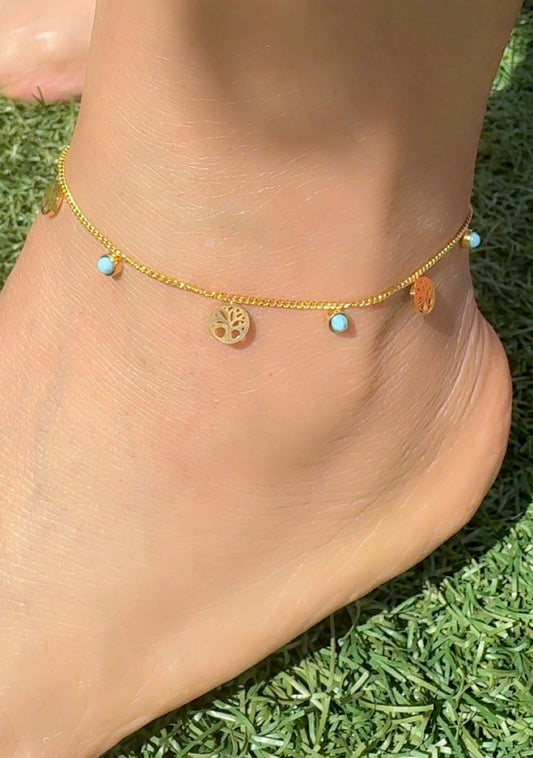 Tree of Life & Turquoise Charm Anklet - 18k gold Plated, Tarnish Free