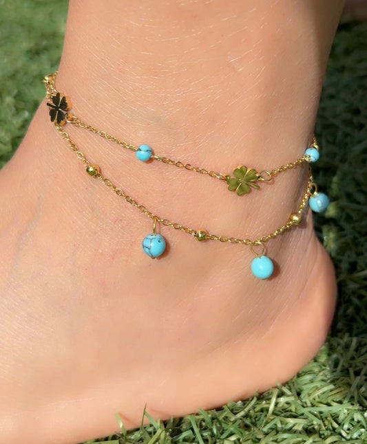Golden Luck Clover & Turquoise Beaded Anklet - 18k Gold Plated, Tarnish-Free