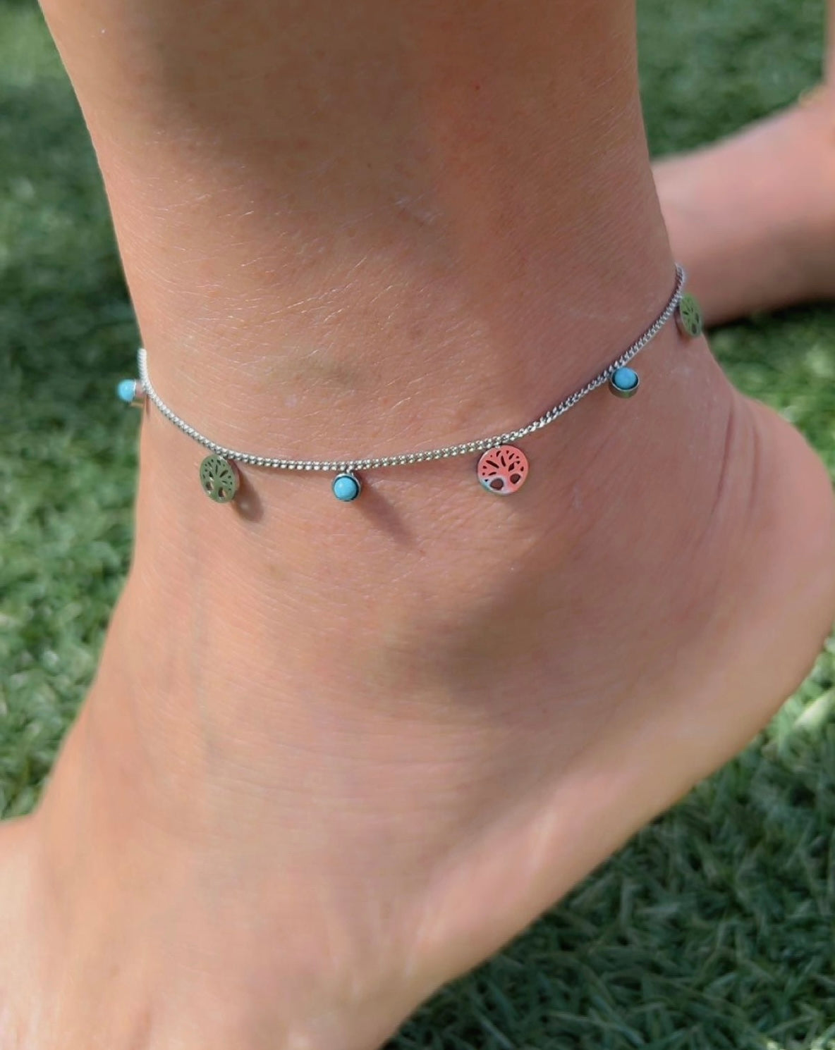 Tree of Life & Turquoise Charm Anklet - 18k gold Plated, Tarnish Free