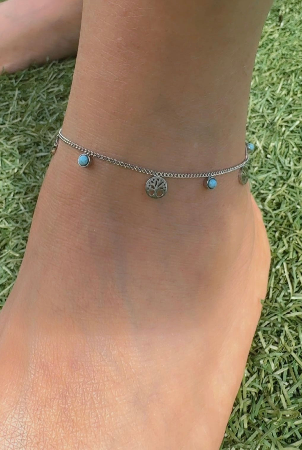 Tree of Life & Turquoise Charm Anklet - 18k gold Plated, Tarnish Free