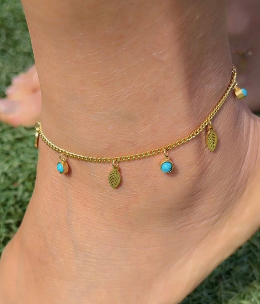 Turquoise Charm Leaf Anklet - Non-tarnish and Waterproof