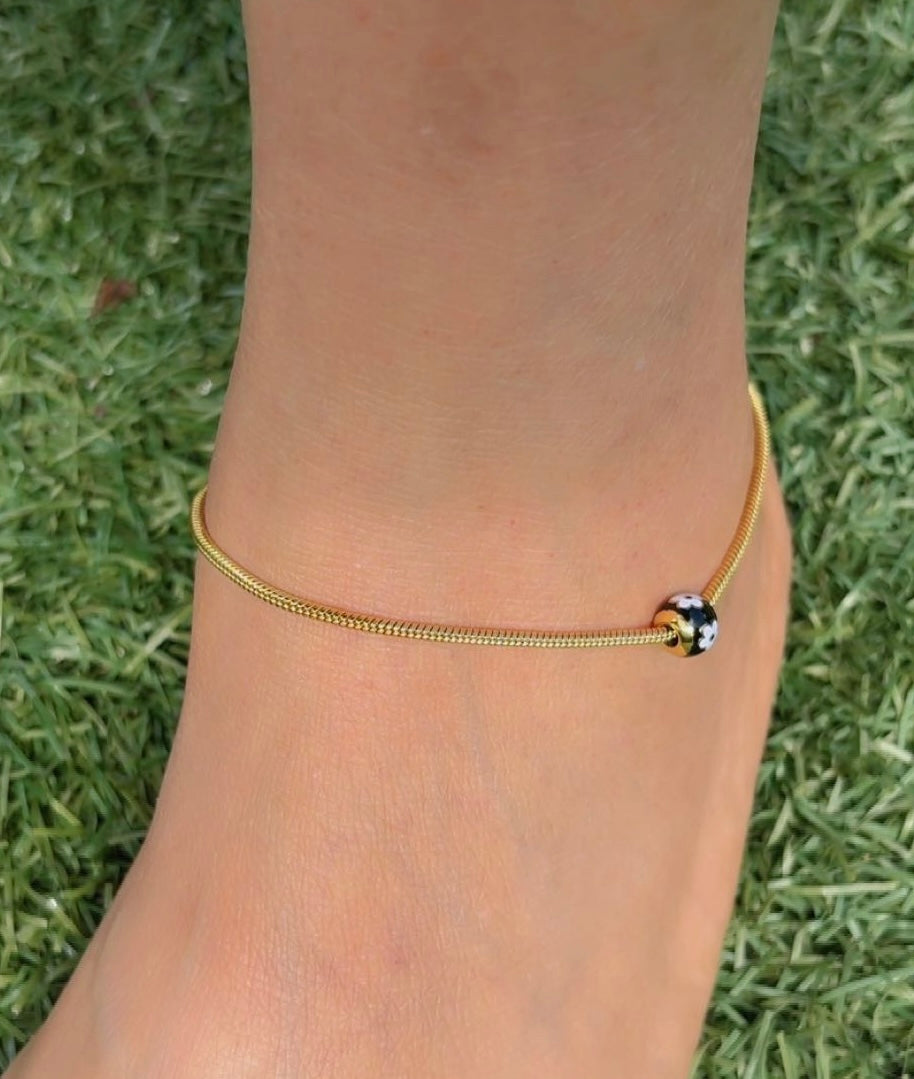 Gold Snake Chain Anklet with Enamel Flower Bead