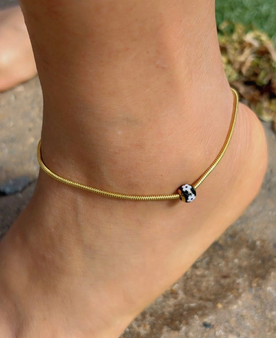 Gold Snake Chain Anklet with Enamel Flower Bead