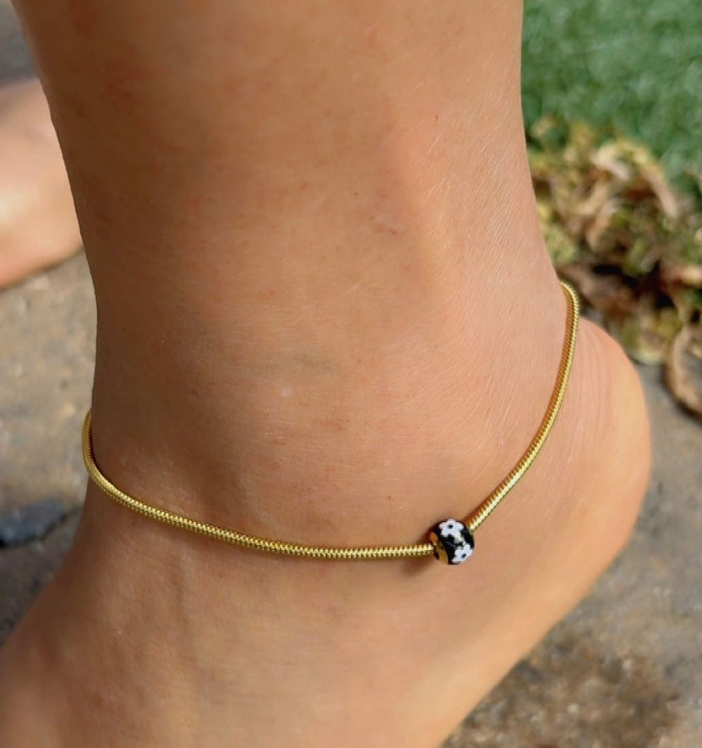 Gold Snake Chain Anklet with Enamel Flower Bead