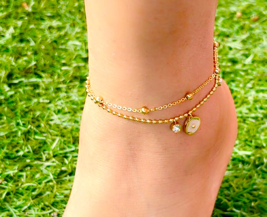 Double Layer Flower Charm Anklet - 18k gold plated, Tarnish Free