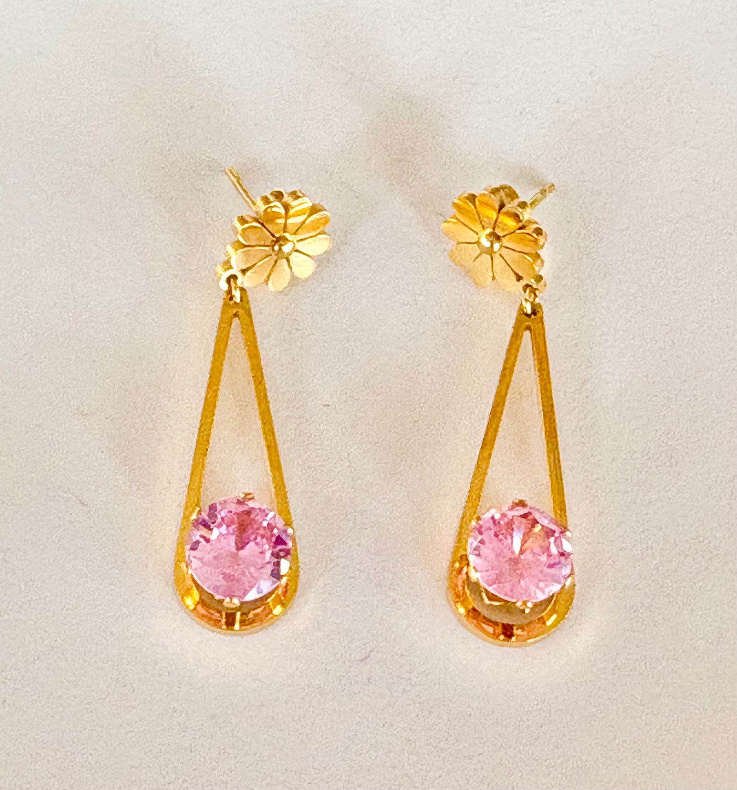 Non-Tarnish , Gold teardrop earrings with pink stone