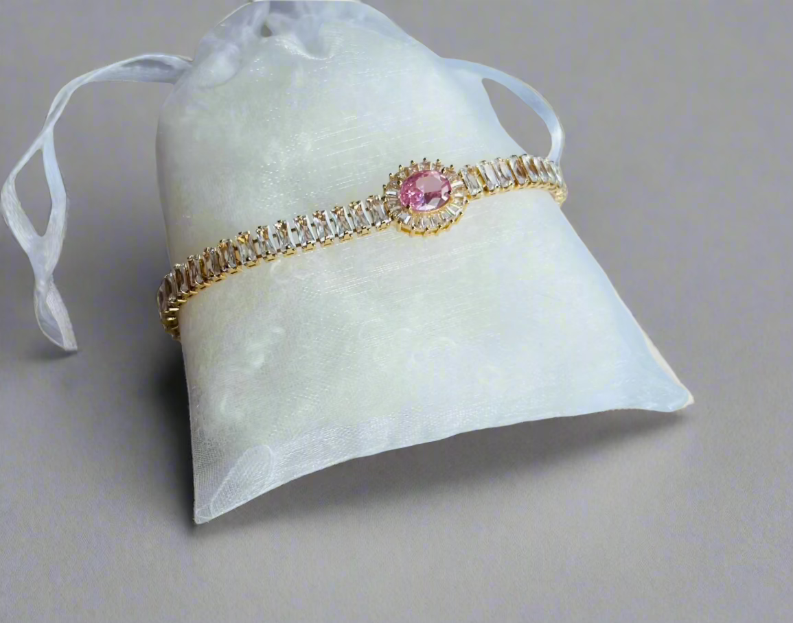 Pink gemstone~Gold tennis Bracelet