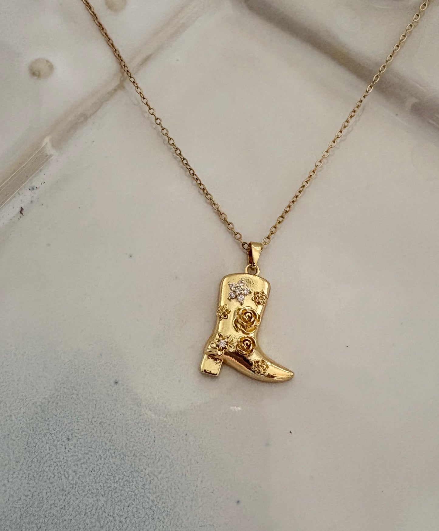 Gold Western cowboy boot pendant necklace with floral details