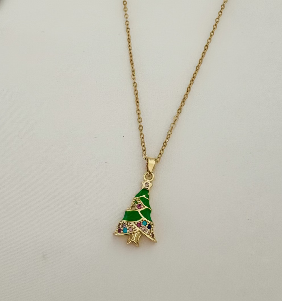 18k Gold Plated Christmas tree necklace with a green gemstone pendant 