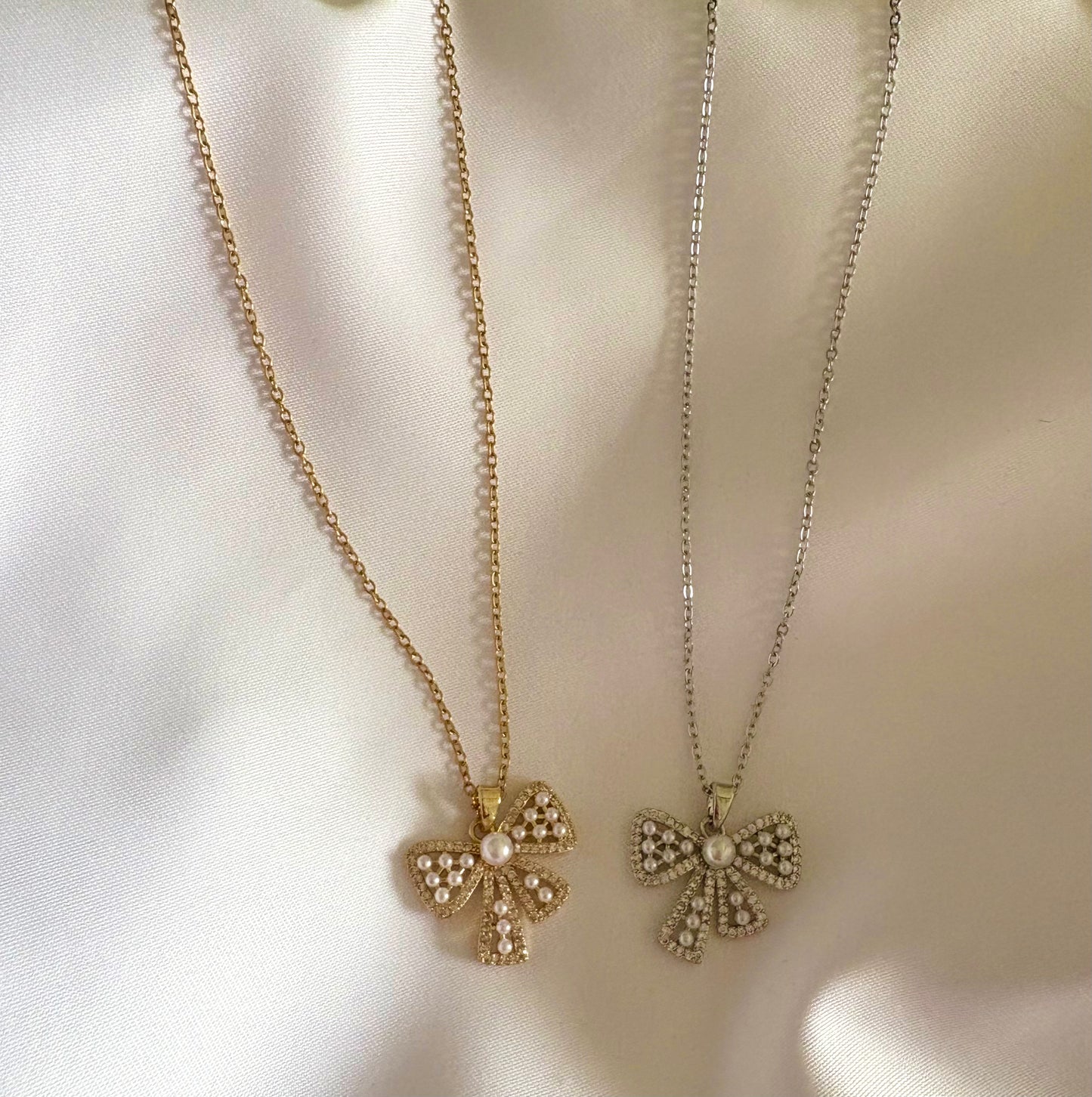 Non-Tarnish Bow Pendant Necklaces with Pearls