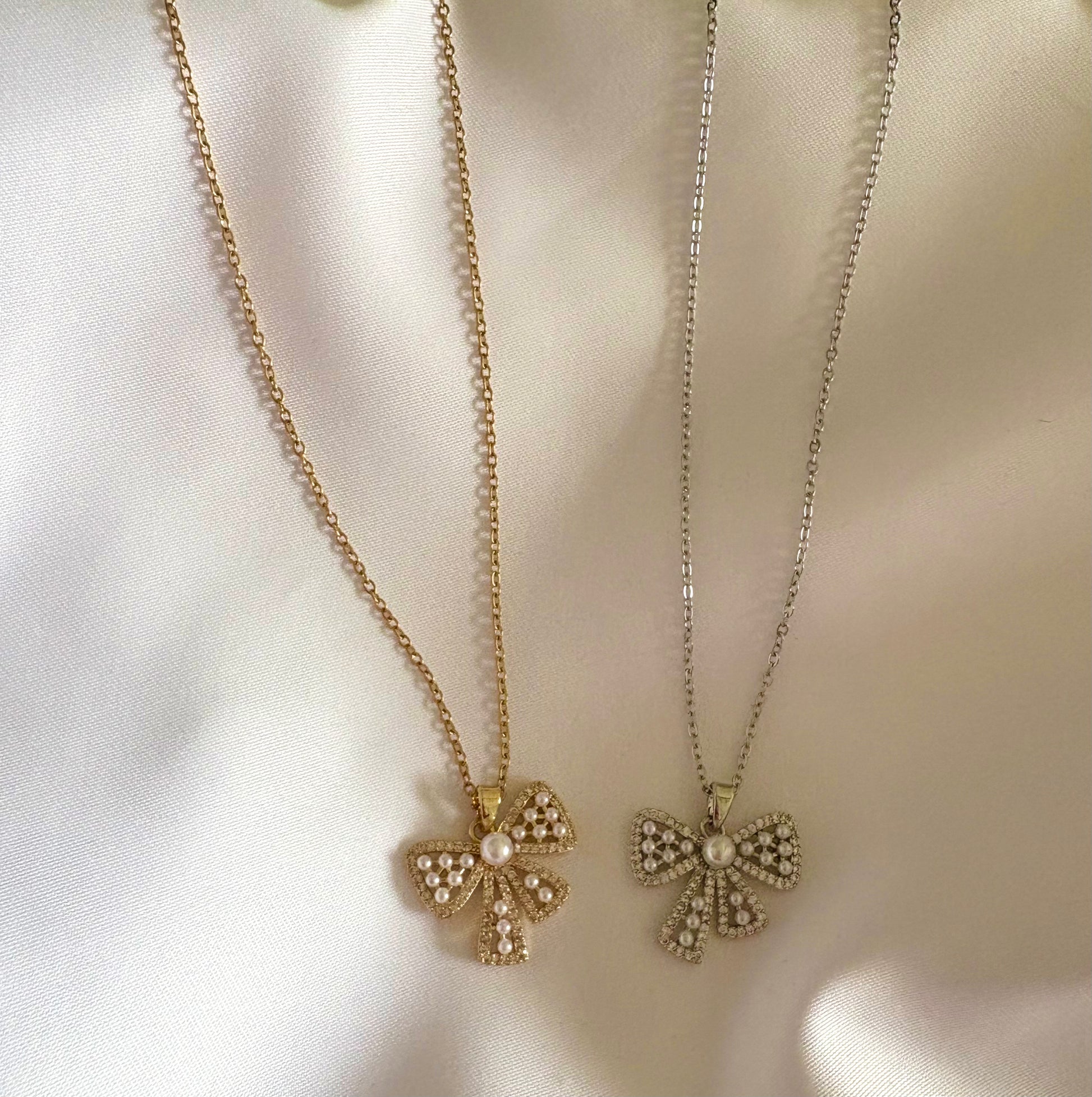Non-Tarnish Bow Pendant Necklaces with Pearls