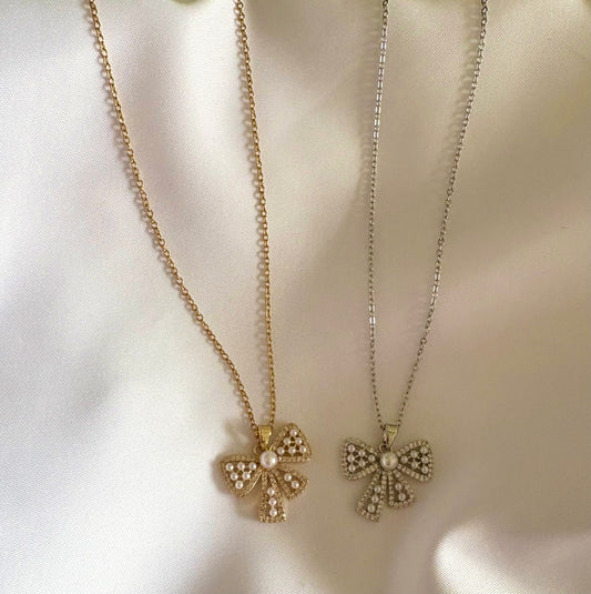 Non-Tarnish Bow Pendant Necklaces with Pearls