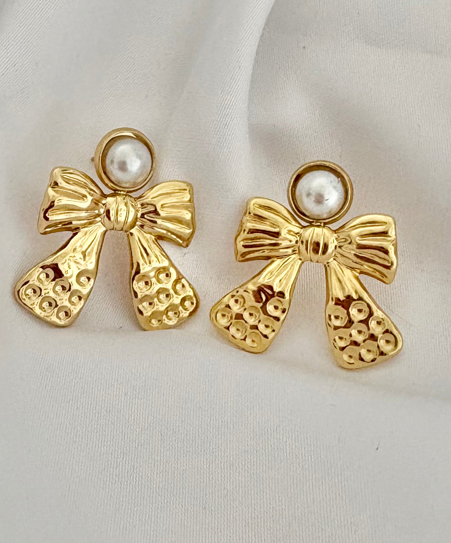 18K gold plated bow earrings with faux pearl accent