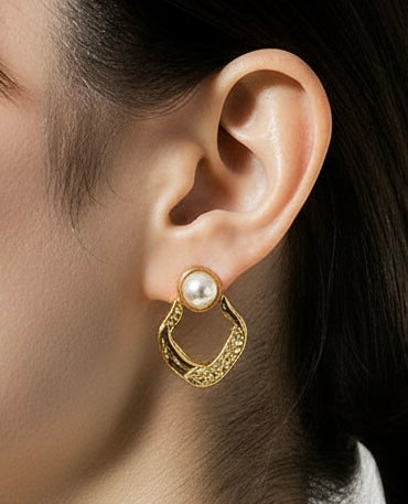 Elegant gold hoop earrings with pearl detail, waterproof stainless steel