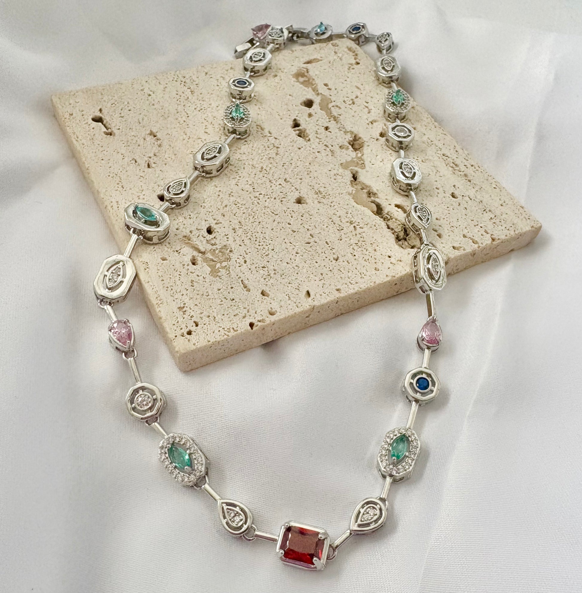 Silver Necklace with colorful gemstones 