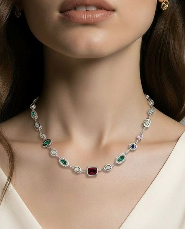 Silver link necklace with multicolor gemstone-style charms