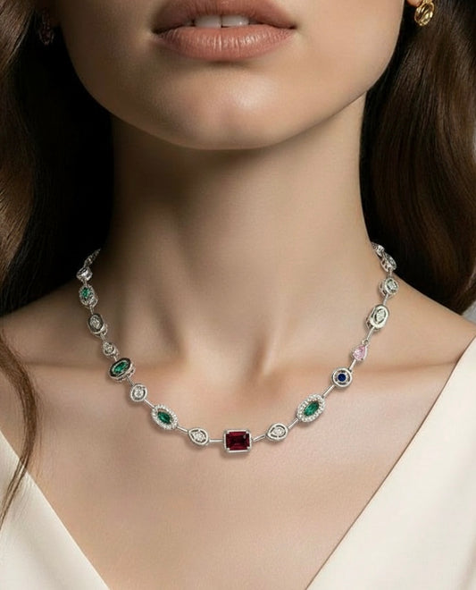 Silver link necklace with multicolor gemstone-style charms
