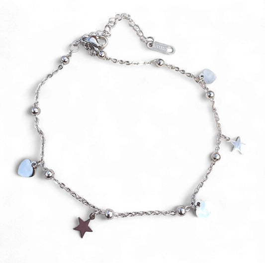 Silver bracelet with star and heart charms on a white background