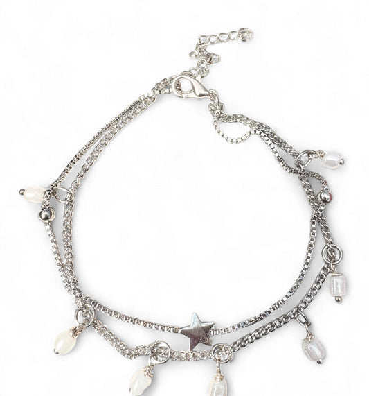 Silver Double Layered Star and Pearl Anklet-Stainless Steel, Tarnish Free