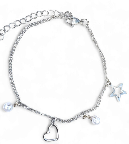 Silver Star & Heart Charm Anklet with Pearls - Stainless Steel, Tarnish Free