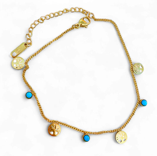Gold anklet with tree of life and turquoise stone charms