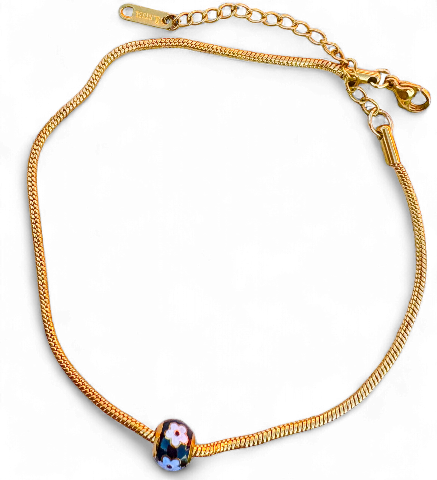 Gold Snake Chain Anklet with Enamel Flower Bead