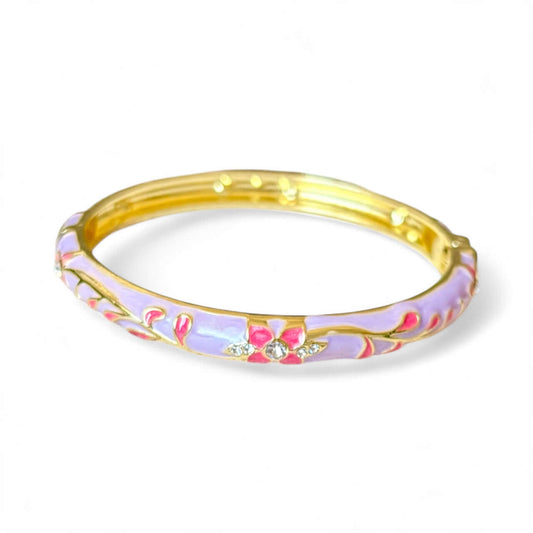 Purple Blossom Enamel Gold Bangle – 18K Gold Plated, Floral Design, Non-Tarnish, Easy Spring Hinge