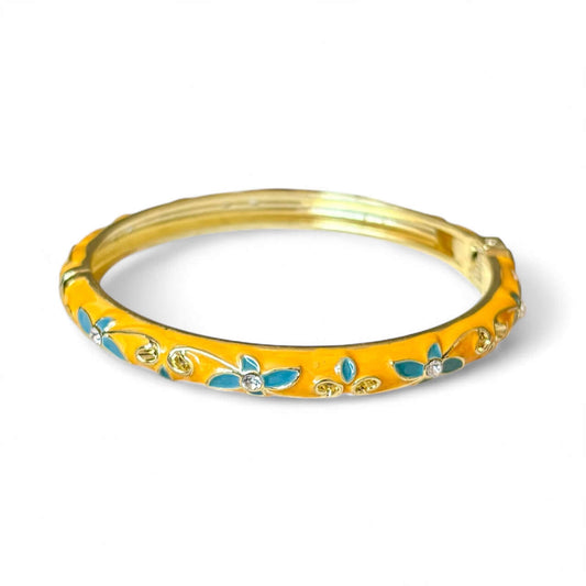 Yellow Enamel Gold Bangle – 18K Gold Plated, Floral Design, Non-Tarnish, Spring Hinge