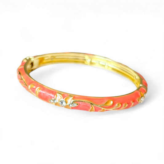 Peach Blossom Enamel Gold Bangle – 18K Gold Plated, Floral Design, Non-Tarnish, Spring Hinge