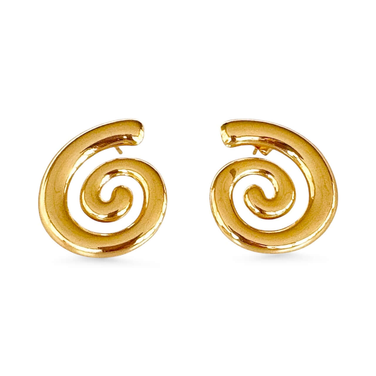 Pair of gold spiral earrings on a white background