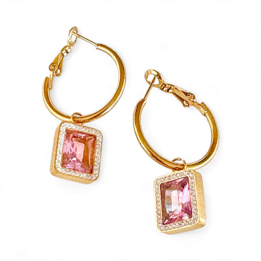 Pink Gemstone Drop Hoop Earrings – 18K gold plated non-tarnish stainless steel hoops
