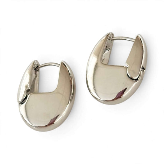 Pair of silver hoop earrings on a white background
