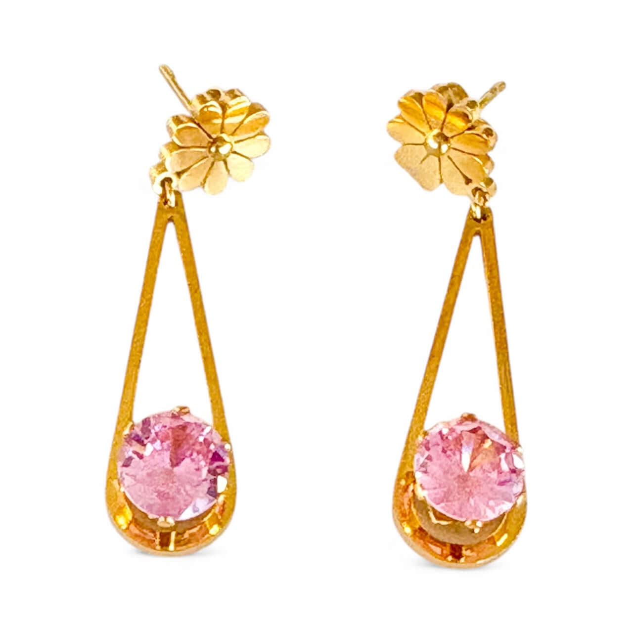 Gold teardrop earrings with pink stone