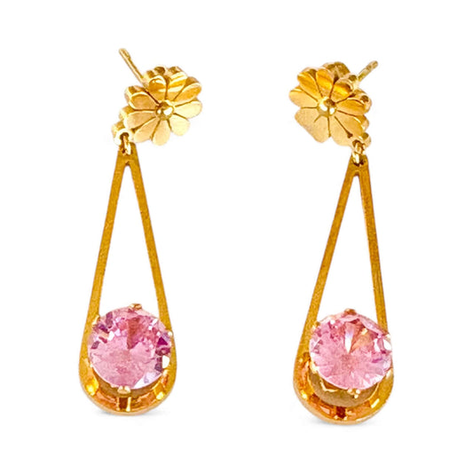 Gold teardrop earrings with pink stone