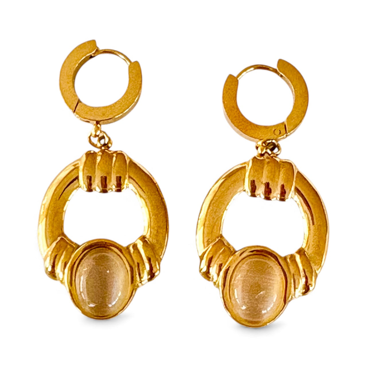 Pair of 4 cm gold hoop drop earrings with oval stone accents and small huggie hoops