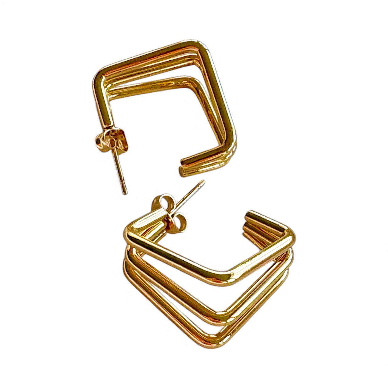 Pair of 2 cm triple square hoop earrings with a modern geometric gold design and stud posts