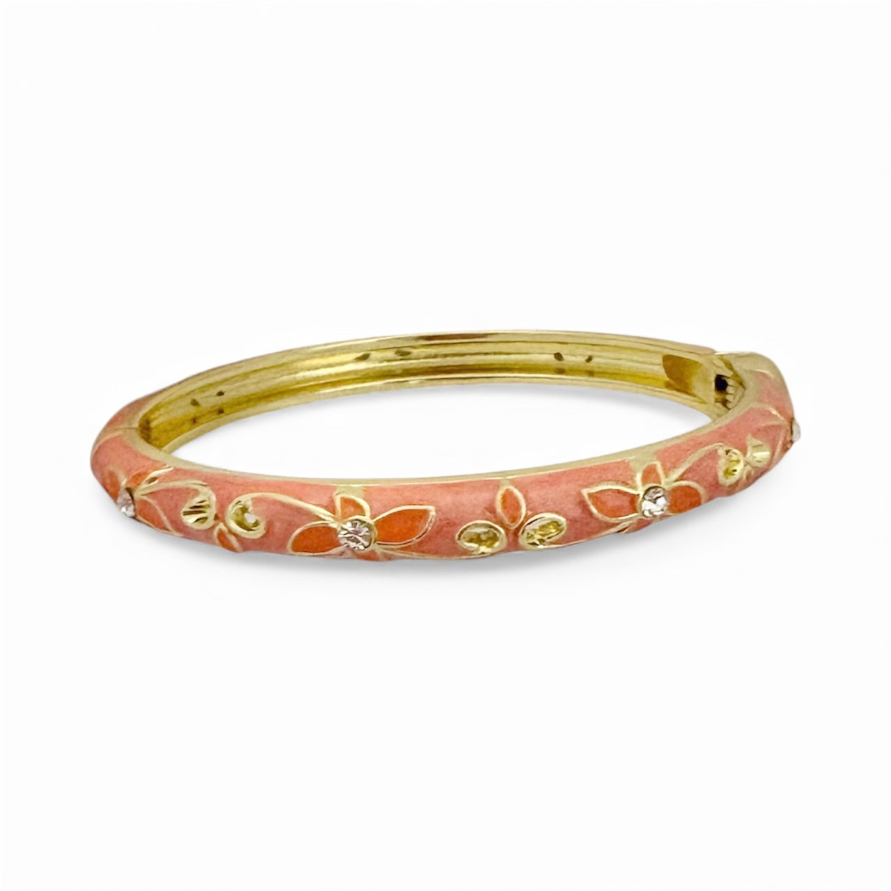 Pink enamel floral bangle with 18K gold plated stainless steel and crystal accents