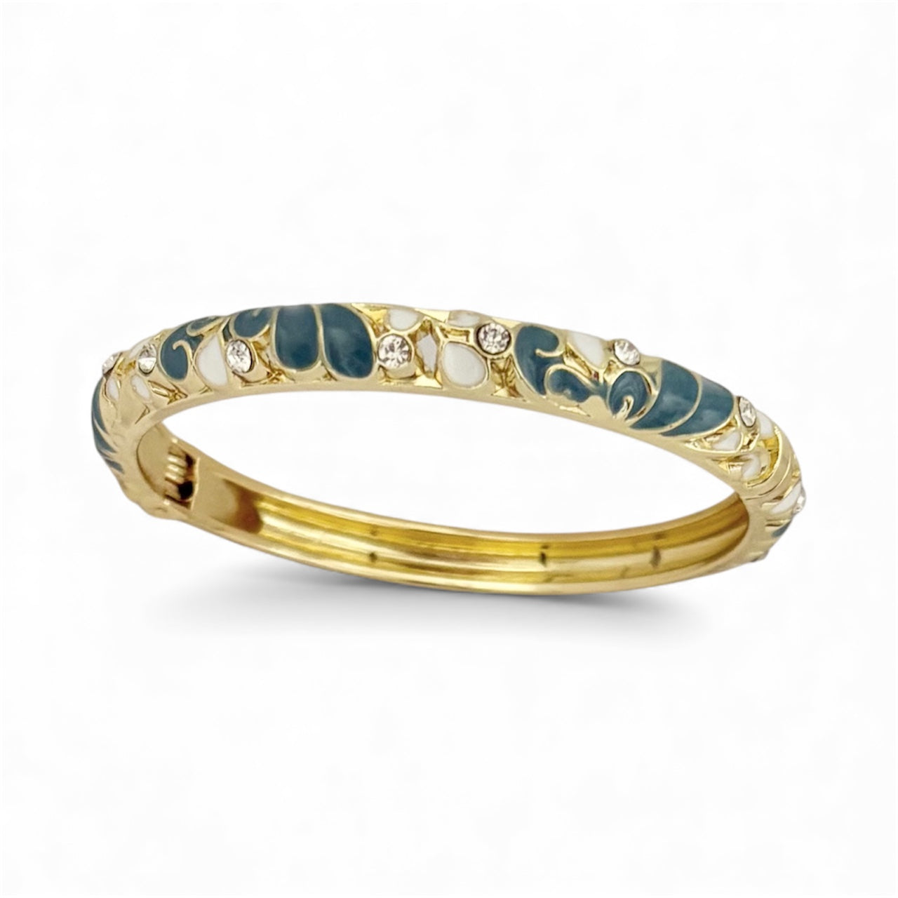 Green & white enamel floral bangle with crystal accents and 18K gold plated stainless steel design