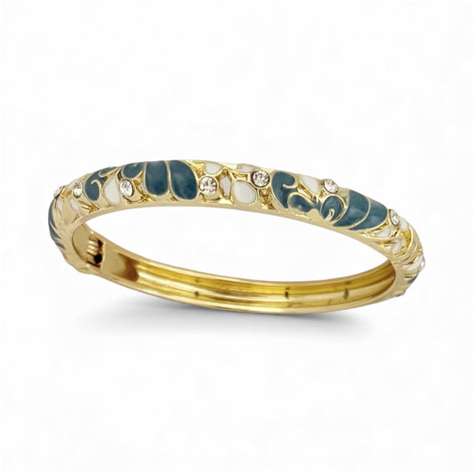 Green & white enamel floral bangle with crystal accents and 18K gold plated stainless steel design