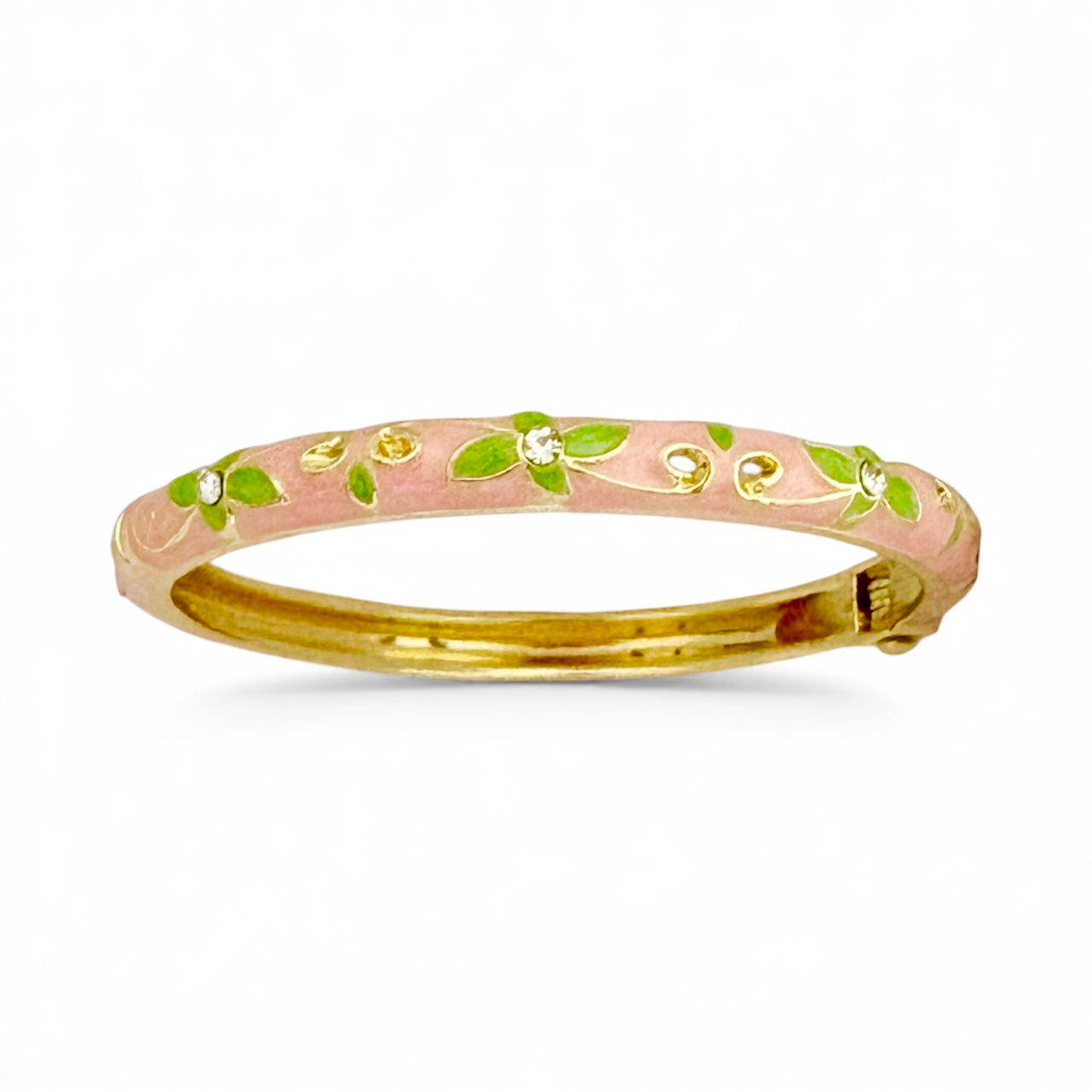 Pink floral enamel bangle with 18K gold plating and crystals, 6 cm diameter