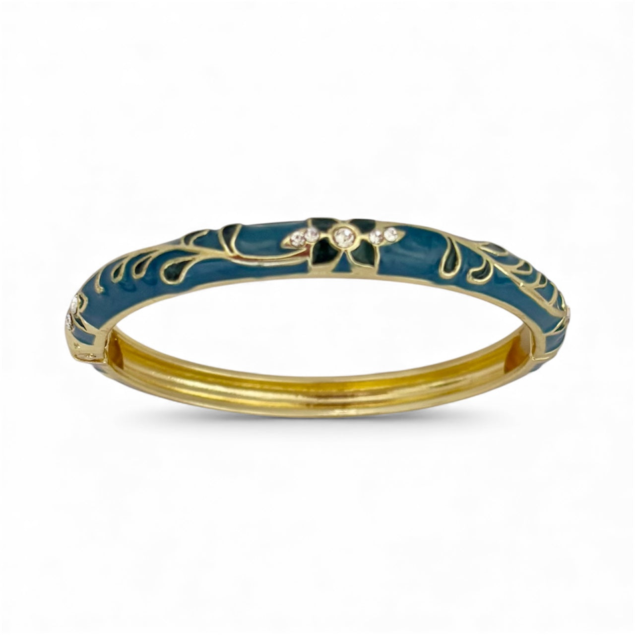 Dark green enamel floral bangle with 18K gold plating and crystals