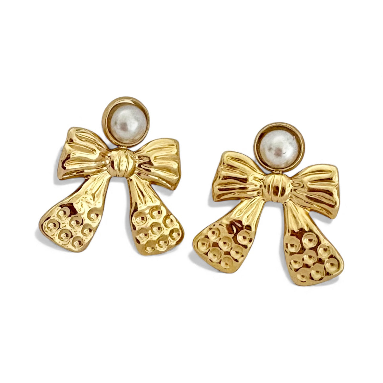 18K gold plated bow earrings with faux pearl accent