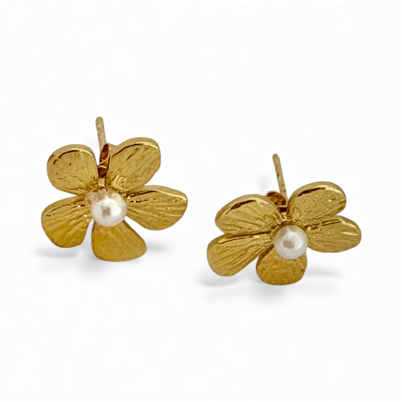 Non tarnish gold flower earrings with faux pearl center