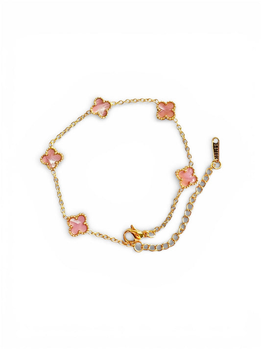 Pink clover station bracelet in 18K gold plated stainless steel