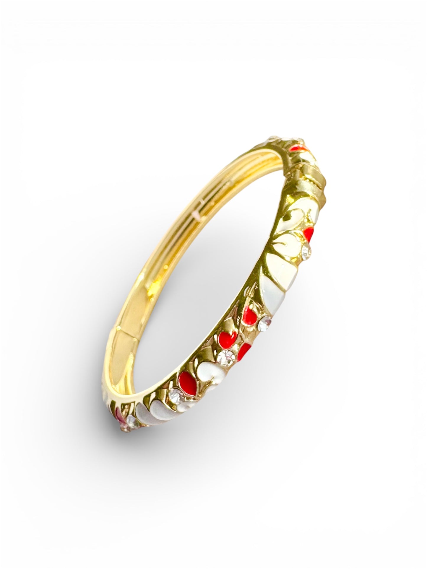 Gold enamel heart bangle with spring hinge closure