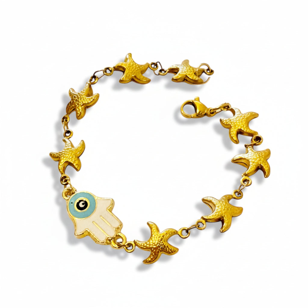 Hamsa and starfish charm bracelet in 18K gold plated stainless steel