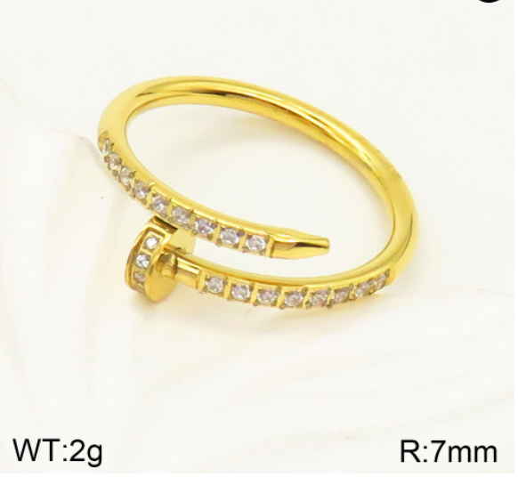 A gold-toned open ring band with rows of clear stones