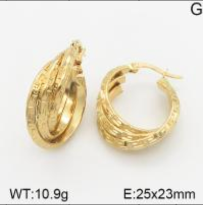 Gold hoop earrings on a white background with weight and dimensions displayed.