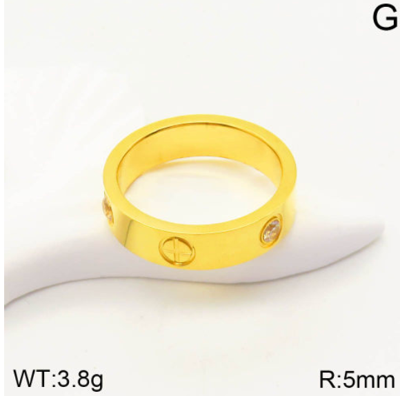 18K gold-plated love band ring with screw motif and zircon accent, 3.8g, 5mm band width
