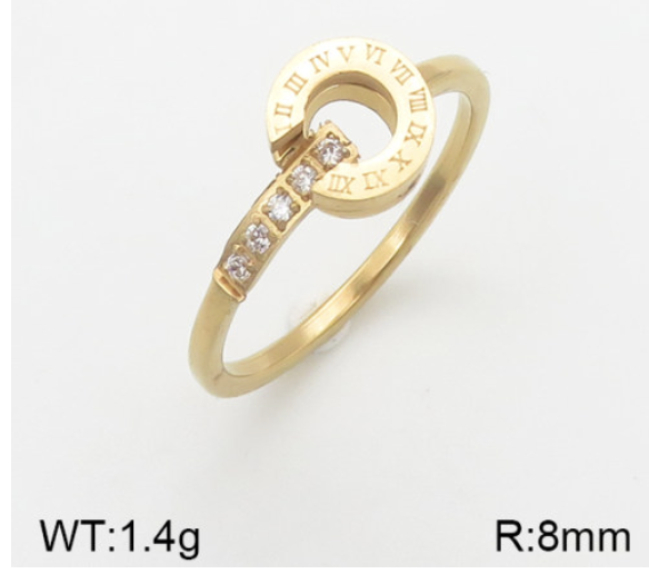 18K gold-plated Roman numeral circle ring with clear zircon bar detail, 1.4g, 8mm band, sizes 6-8